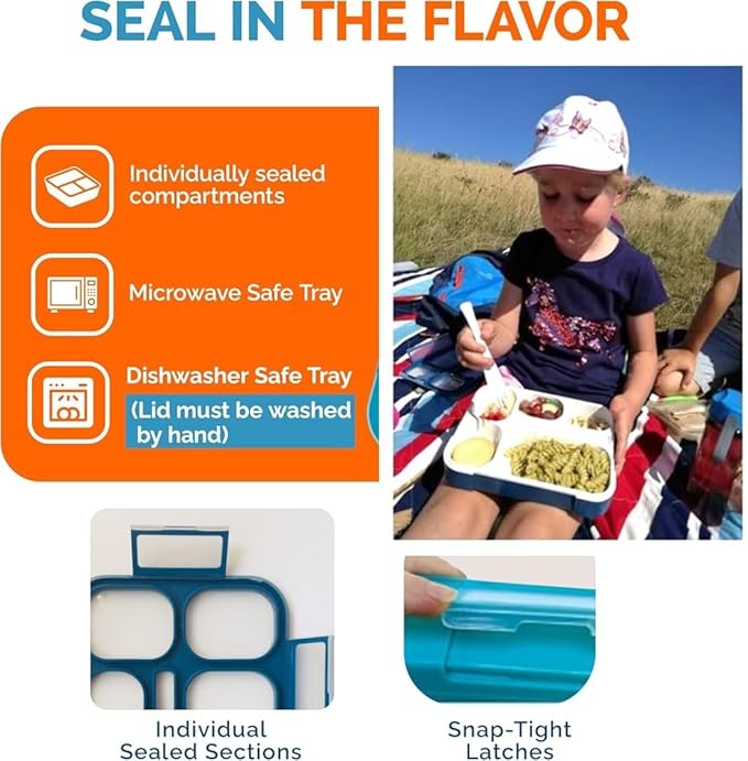 Bento Lunch Box with Insulated Bag and Ice Pack Set. 6 Divided Compartments, Containers for School, Work Daycare Lunches Snacks, Kids and Adults BPA Free, Easy to Carry, Durable Kits, Navy Blue