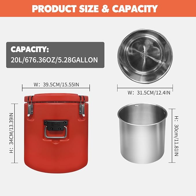 21QT Insulated Soup Container Commercial Food Warmer for Hot or Cold Food,5 Gallon Hot Box for Catering, Food Cooler with 4 Buckles, Handles,Soup Carrier for Restaurant, Canteen, Home