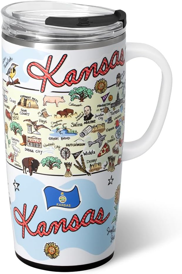 Swig Life 22oz Travel Mug, Insulated Tumbler with Handle and Lid, Travel Coffee Mug, Cup Holder Friendly, Stainless Steel 22 oz Tumbler, Reusable Insulated with Lid (Kansas)