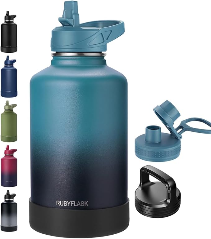 64oz Insulated Water Bottle with Straw, Half Gallon Stainless Steel Vacuum Water Jug, Large Thermal Water Bottle Flask with Leakproof 3 Lids for Travel, Camping, Gym Sports Indigo Black