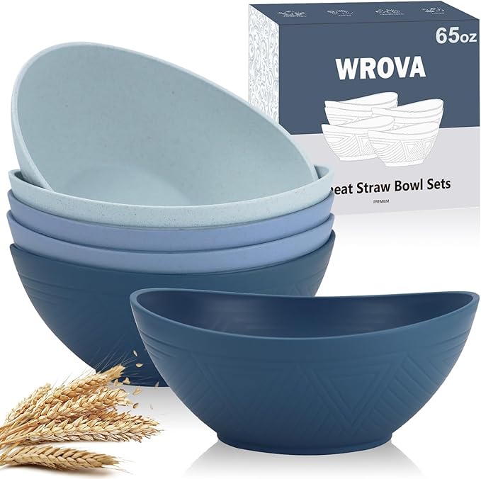 Wrova 65oz Big Wheat Straw Bowls - Large Salad Bowls set of 6 - Unbreakable Serving Bowls - Microwave & Dishwasher Safe - Oval Bowls for Cereal,Salad,Fruit - Ocean Series