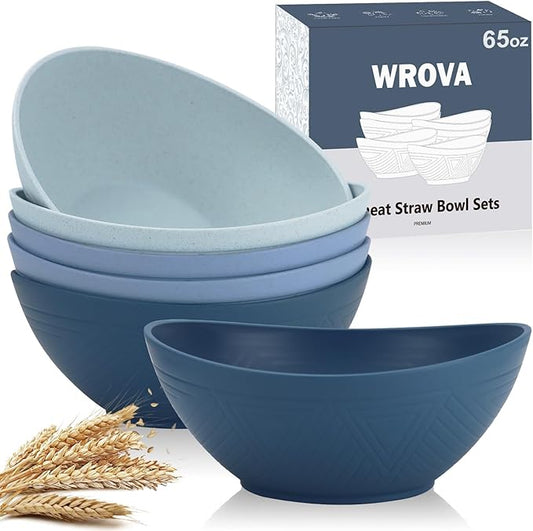 Wrova 65oz Big Wheat Straw Bowls - Large Salad Bowls set of 6 - Unbreakable Serving Bowls - Microwave & Dishwasher Safe - Oval Bowls for Cereal,Salad,Fruit - Ocean Series