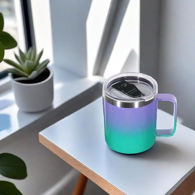 Volhoply 14oz Insulated Stainless Steel Coffee Mug with Leakproof Lid,Double Wall Vacuum Travel Coffee Cup with Handle,Reusable Cups Tumbler,Camping Mugs Keep Hot,Ideal Gifts(Purple Green,1)