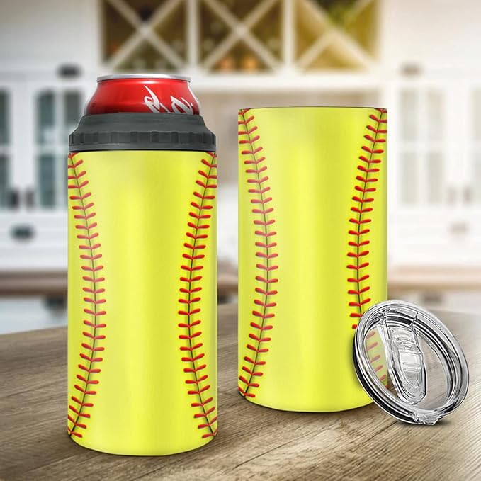 winorax Softball Tumbler 4-in-1 Can Cooler Softball Stainless Steel Insulated Tumblers Coffee Travel Mug Cup With Lid Gift Tumblers For Men Women Sports Gifts For Players Fan Coach Lovers