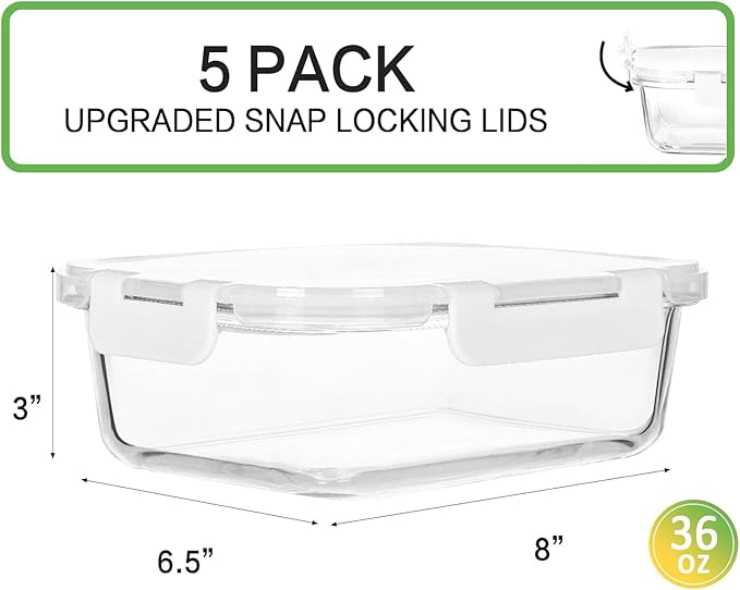 [5-Packs, 36 Oz.] Glass Meal Prep Containers with Locking Lids Glass Food Containers,Airtight Lunch Container,Microwave, Oven, Freezer and Dishwasher (4.5 Cup, White)