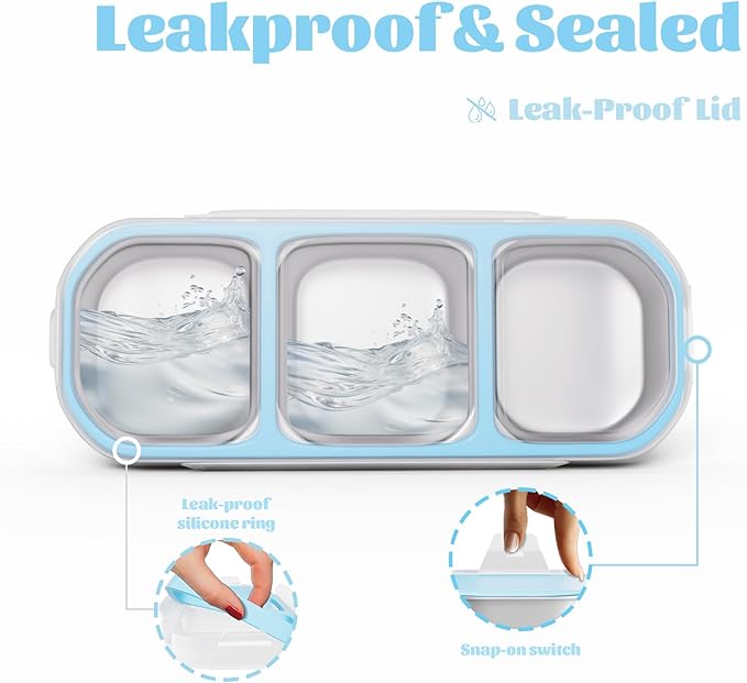 Stainless Steel Snack Containers for Kids Adults, 4 Pack 3 Compartment Metal Snack Containers Box with Lid, Reusable Food Storage Container, Leak Proof, Grab and Go, Blue