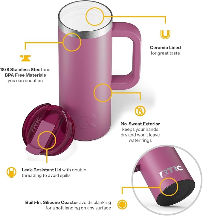 RTIC 20oz Road Trip Travel Mug with Lid and Handle, Ceramic Lined, Insulated, Stainless Steel, Metal, Double Wall Vacuum-Insulation, Portable Coffee, Tea Cup for Hot and Cold Drink, Orchid