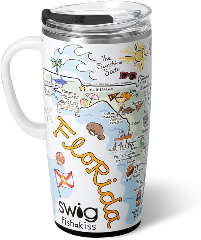 Swig Life 22oz Travel Mug, Insulated Tumbler with Handle and Lid, Travel Coffee Mug, Cup Holder Friendly, Stainless Steel 22 oz Tumbler, Reusable Insulated with Lid (Florida)