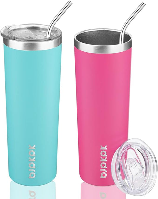 BJPKPK 2 Pack 20oz Skinny Tumblers with Lid Insulated Travel Coffee Cup Stainless Steel Thermal Mug,Turquoise,Pink
