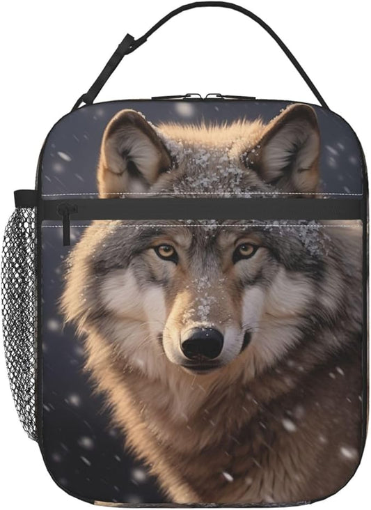 Reusable Snow Wolf Lunch Box for Kids, Insulated Majestic Winter Snowfall Animal Bag,Polyester Cooler Wildlife Lovers Handbags Case for School Picnic Work Travel Beach or Hiking, Gifts