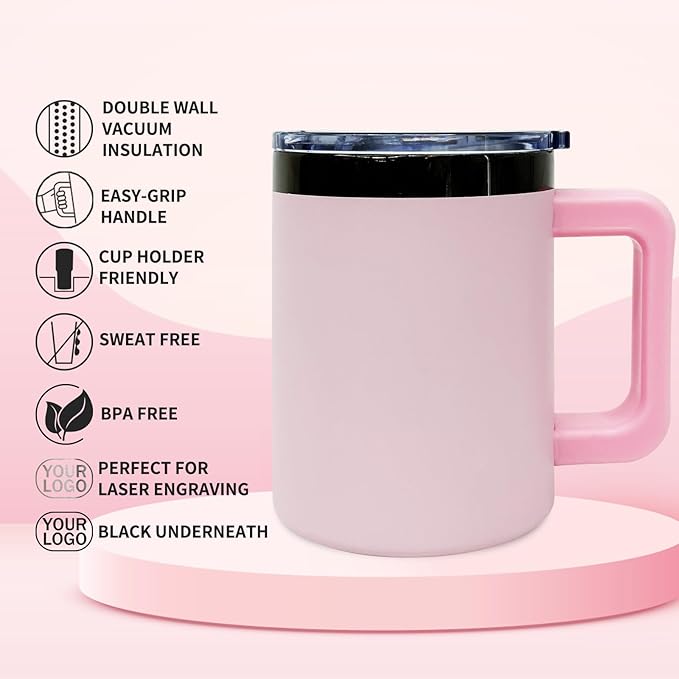 10 oz Tumbler with Handle and Straw Stainless Steel Insulated Coffee Mug for Laser Graving Powder Coated Cup with Black Plated(Pink,1 pack)