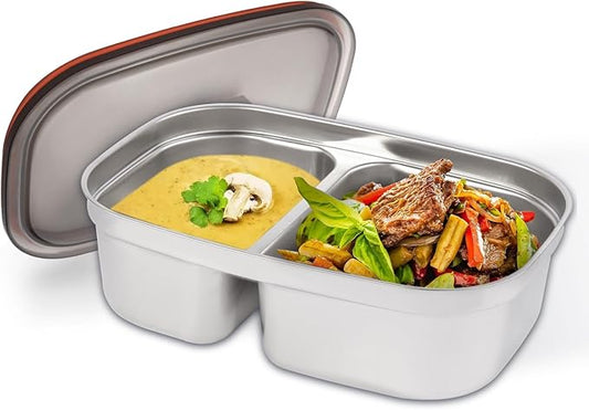 1.5L Lunch Box Inner Container with Lid, Dual Compartment Stainless Steel Food Container, Removable Replacement Tray, Dishwasher Safe