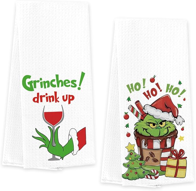 Christmas Kitchen Decor,Christmas Hand Kitchen Towels Set of 2,Hot Cocoa Xmas Tree Drink Up Towels Ho Ho Ho Baking Cooking Cloth,Funny Holiday Winter Home Kitchen Decoration 14 x 23 Inches