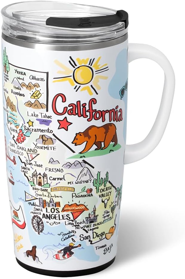 Swig Life 22oz Travel Mug, Insulated Tumbler with Handle and Lid, Travel Coffee Mug, Cup Holder Friendly, Stainless Steel 22 oz Tumbler, Reusable Insulated with Lid (California)