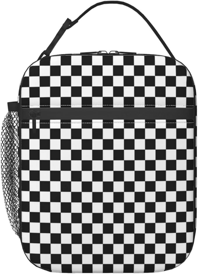 Black White Checkerboard Insulated Lunch Box Bag Portable Lunch Tote For Women Men And Kids