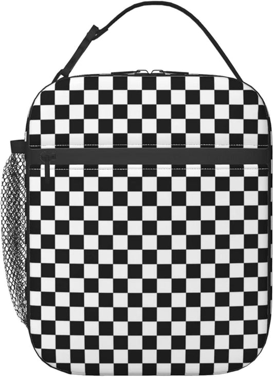 Black White Checkerboard Insulated Lunch Box Bag Portable Lunch Tote For Women Men And Kids