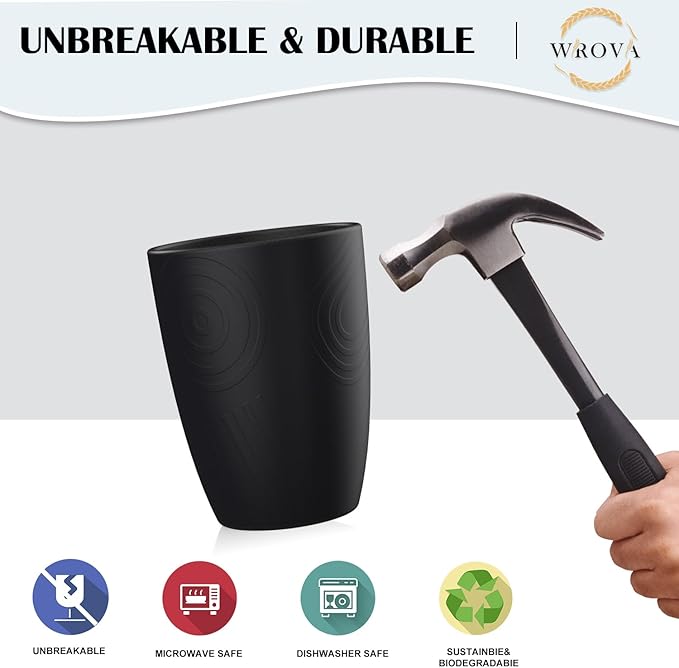 Wheat Straw Cups 8 PCS Good Alternative to Plastic Reusable Cups 12 oz Unbreakable Drinking Cup Reusable Dishwasher Safe Water Plastic Glasses Pure Black