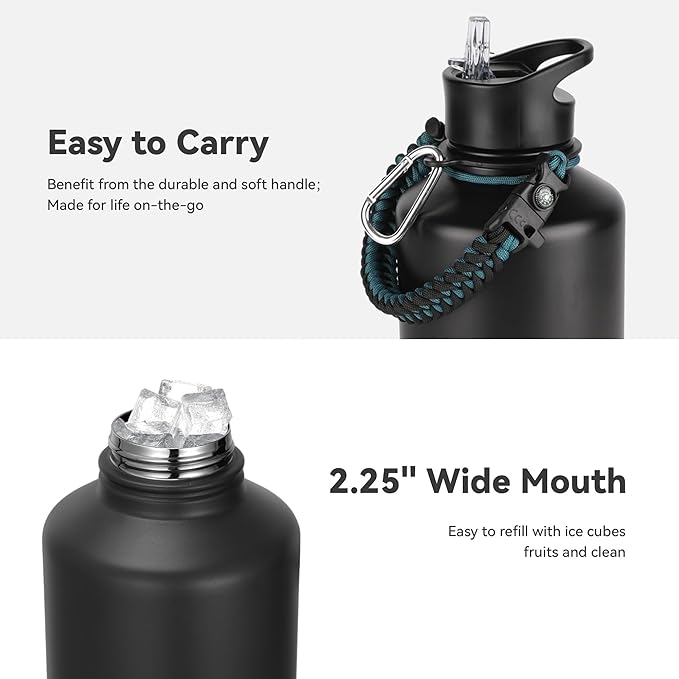 64 oz Insulated Water Bottle with Straw & Spout Lids, Stainless Steel Metal Half Gallon Water Jug with Paracord Handle, Double Wall Vacuum, Leakproof, Keep Drinks Cold & Hot, Black