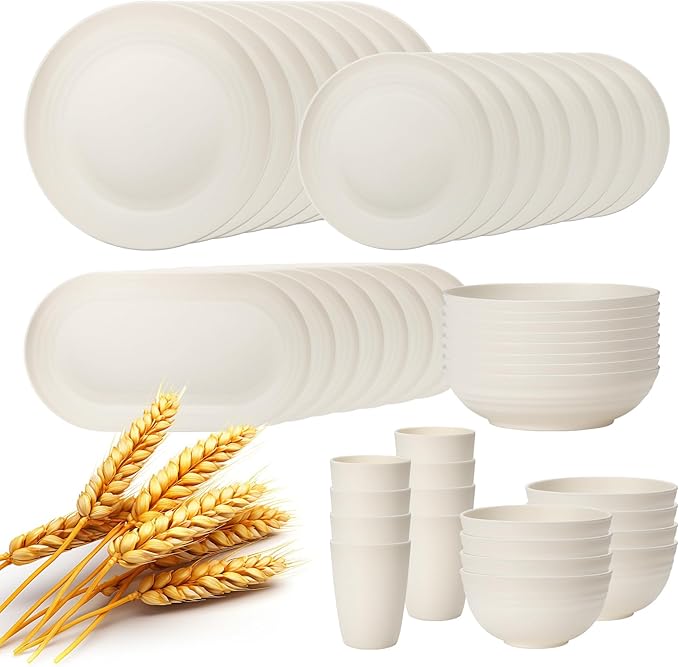 Lazycorner 48-Piece Wheat Straw Dinnerware Sets for 8, Unbreakable Reuasble Dinner Dishes Serving Plate Set for Kitchen, Including Plastic Dinner Plate, Dessert Plate, Bowl, Cup(Beige)