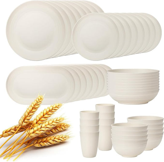 Lazycorner 48-Piece Wheat Straw Dinnerware Sets for 8, Unbreakable Reuasble Dinner Dishes Serving Plate Set for Kitchen, Including Plastic Dinner Plate, Dessert Plate, Bowl, Cup(Beige)