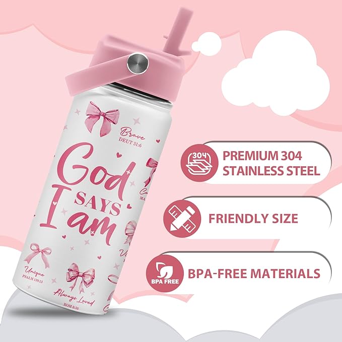 Christian Gifts, Pink Bow Water Bottle with Straw Lid, 16 oz Insulated Stainless Steel, Christian Cups Gifts for Birthday Christmas