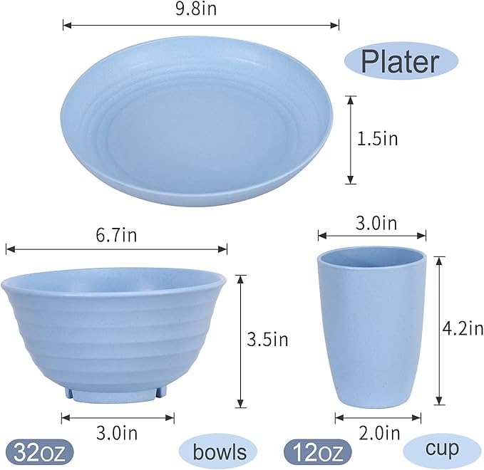 12pcs Plastic Wheat Straw Dinnerware Sets Service for 4, Cups, Plates and Bowls Sets Microwave Dishwasher Safe Lightweight