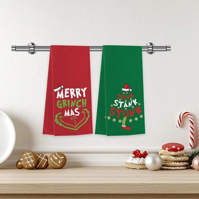 Christmas Kitchen Towels Set of 2,Funny Christmas Decor, Green Mas Red Santa Snowflake Hand Drying Baking Cooking Cloth, Winter Holiday Xmas Decor Home Decorations 14 x 23 Inches