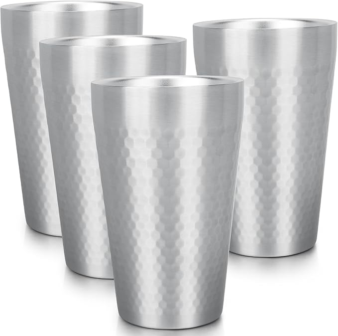 Beasea Stainless Steel Cups 15 oz, 4 Pack Large Stackable Stainless Steel Tumbler Bulk Double Wall Insulated Metal Pint Glasses Tin Cups for Drinking Home Restaurant Office Party Camping