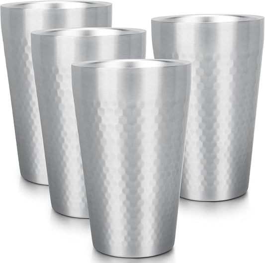 Beasea Stainless Steel Cups 15 oz, 4 Pack Large Stackable Stainless Steel Tumbler Bulk Double Wall Insulated Metal Pint Glasses Tin Cups for Drinking Home Restaurant Office Party Camping