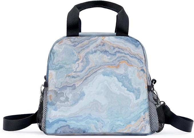 Blue Marble Lunch Bag for Women Men Cute Large Capacity Thermal Lunch Tote Reusable Washable with Adjustable Shoulder Strap and Dual Large Mesh Side Pockets