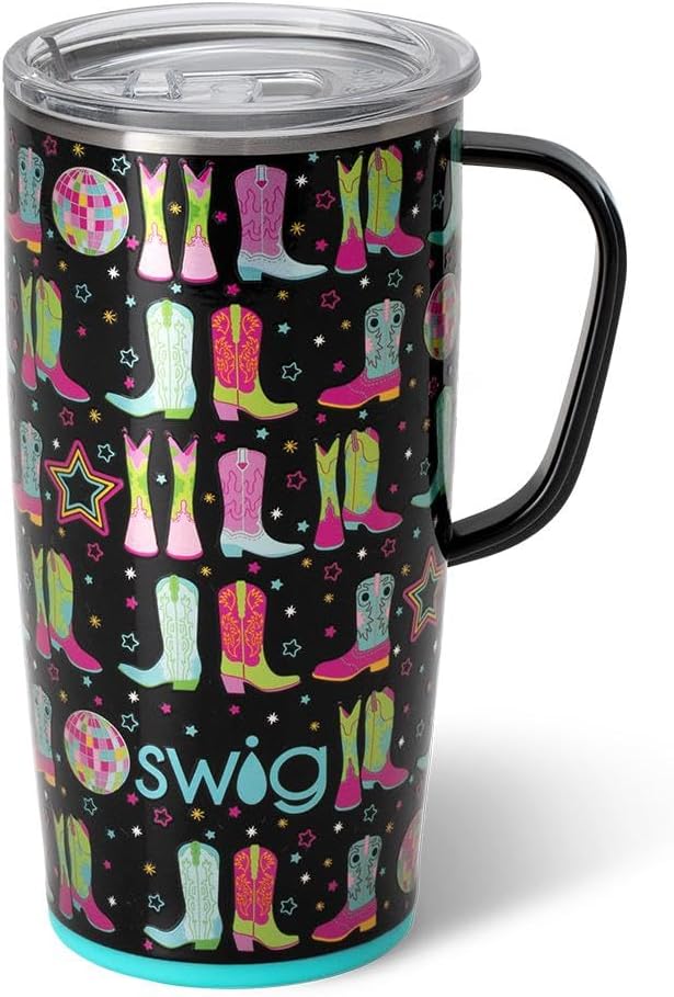 Swig Life 22oz Travel Mug, Insulated Tumbler with Handle and Lid, Cup Holder Friendly, Dishwasher Safe, Stainless Steel, Travel Coffee Cup, Insulated Mug with Lid (Disco Cowgirl)