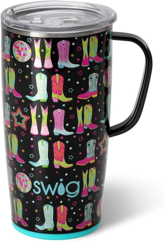 Swig Life 22oz Travel Mug, Insulated Tumbler with Handle and Lid, Cup Holder Friendly, Dishwasher Safe, Stainless Steel, Travel Coffee Cup, Insulated Mug with Lid (Disco Cowgirl)