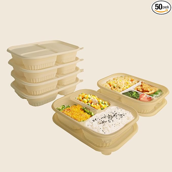 50 Packs of Disposable 36 Ounce Square Meal Prep Container, 3-Chamber Bento Box, Thickened Food Storage Container With Lid, Stackable.