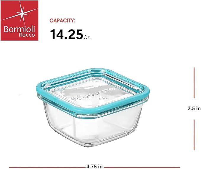 Bormioli Rocco Frigoverre Future Set Of 2 14.25 oz. Square Food Storage Container, Made From Durable Glass, Dishwasher Safe, Made In Italy, 2 Pack.