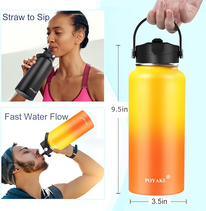 Water Bottle Insulated 32oz 40oz 64oz 128oz Straw Lid Spout Lid & 3 Lids, Leak Proof, Vacuum Insulated,Stainless Steel Water Bottle Wide Mouth for Sports, Gym or Office