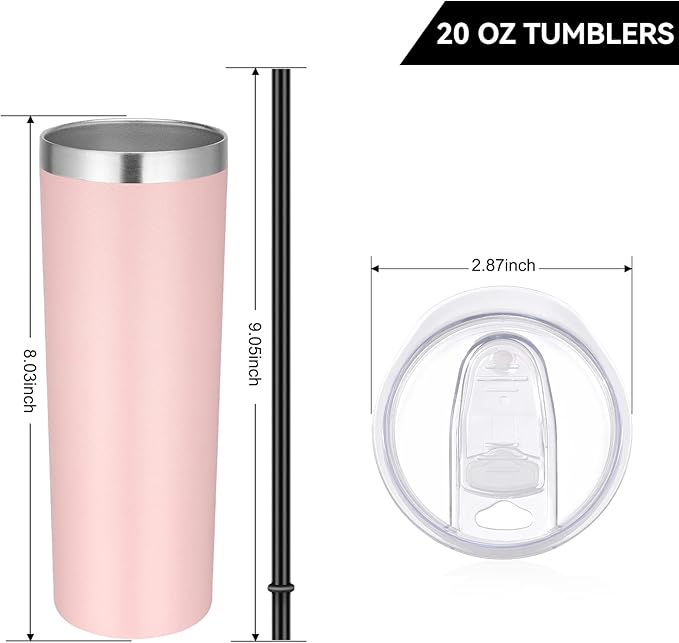 VEGOND Stainless Steel Tumblers Bulk 12 Pack, 20 oz Vacuum Insulated Skinny Tumblers with Lid and Straw, Double Wall Coffee Mug, Travel Water Cup, Light Pink