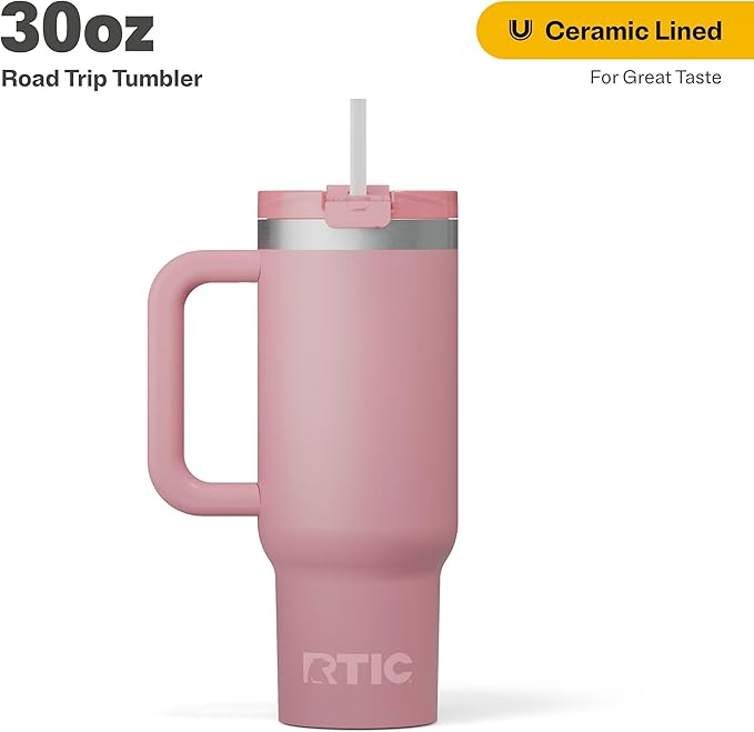 RTIC 30 oz Road Trip Tumbler Double-Walled Ceramic Lined InsulatedStainless Steel Portable Travel Coffee Mug Cup with Lid, Handle and Straw, Dusty Rose