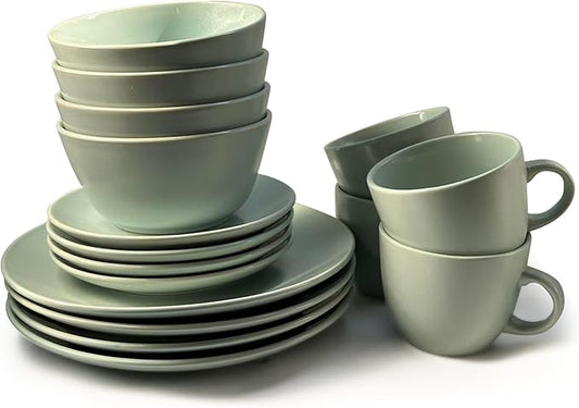 16-Piece Khakee Ceramic Dinner Set – Stoneware Plates, Bowls & Mugs – Modern Solid Colour Tableware for 4 – Microwave & Dishwasher Safe – Khakee Beige