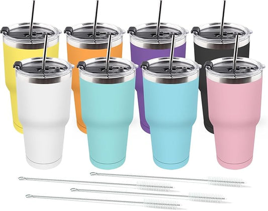 Amtidy 8 Pack 30oz Travel Mug, Powder Coated Stainless Steel Vacuum Double Wall Bulk Tumbler, Durable Insulated Coffe Cup with Splash Proof Lids straw and cleaning brush，for Home, Office, Party
