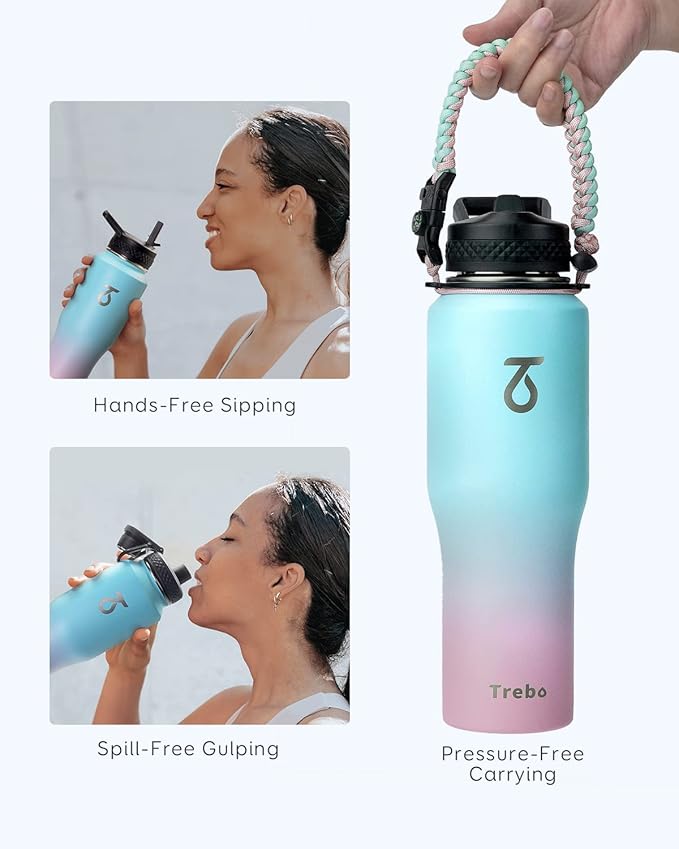 Trebo 32oz Insulated Water Bottle that Fits in Cup Holder, Stainless Steel Triple Wall Tumbler Flask Bottles with Paracord Handle, with Straw Spout Lids, Keep Cold for 48 Hrs/Hot 24 Hrs,Bubble Gum