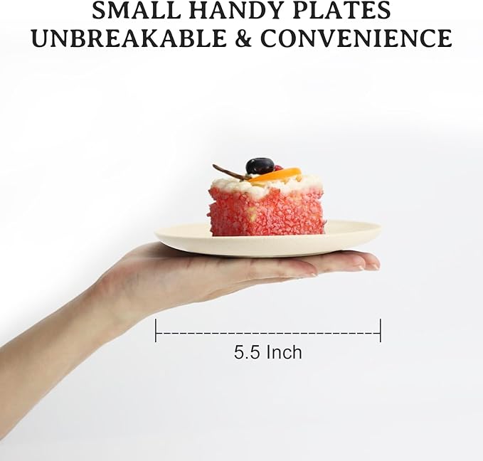 Wrova 5.5 Inches Handy Appetizer Plates Set of 8 - Small Wheat Straw Plates for Dessert - Unbreakable Sidedishes Plate Sets for Kitchen and Party Beige Series