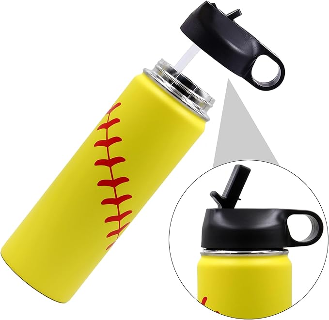 22 oz Softball Water Bottle, Metal Sports Flask Thermo Travel Tumbler with 2 Lids, Stainless Steel Double Wall Vacuum Leak Proof Insulated Water Bottles, Softball Stuff Gifts for Mom Men Boys Girls