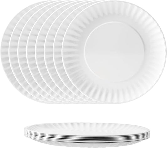 TP Melamine Plates Set of 8, 8-Inch Lightweight Reusable Plates for Picnic, Party, BBQ & Camping, Dishwasher Safe Tableware for Salads, Appetizers & Desserts, White