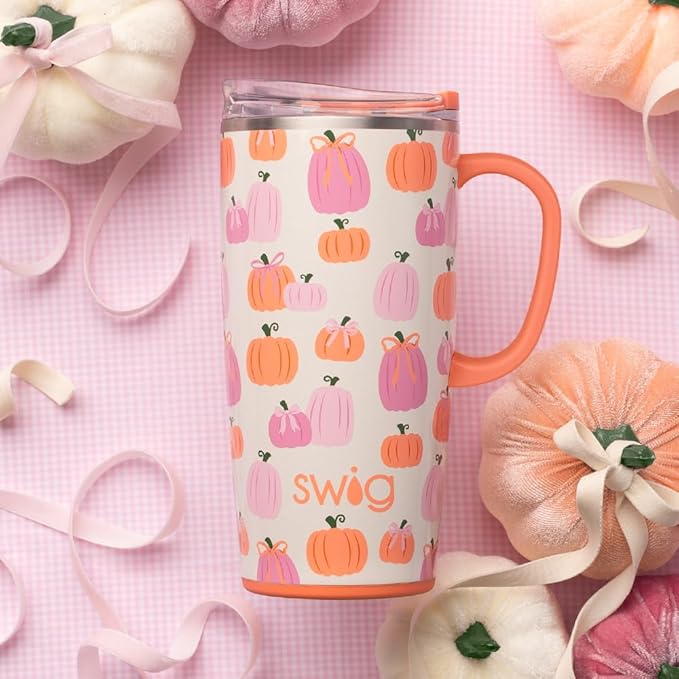 Swig Life 22oz Travel Mug, Insulated Tumbler with Handle and Lid, Travel Coffee Mug, Cup Holder Friendly, Stainless Steel 22 oz Tumbler, Reusable Insulated with Lid (Pumpkins and Bows)