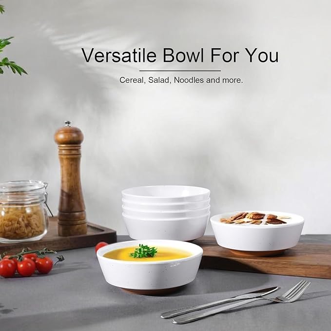 Webbylee 6-inch Melamine Bowls set of 6-20-ounce Dinnerware Cereal Bowls for Soup, Salad & Dessert | Dishwasher Safe & Space Saving (White/Brown)