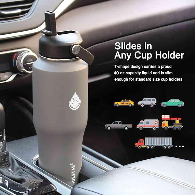 SENDESTAR 40oz Water Bottle Wide Mouth Stainless Steel Vacuum Insulated Double Wall with 2 Straw Lids Fit in Any Car Cup Holder