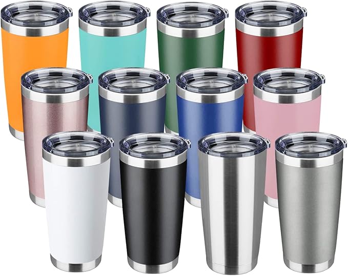 20oz Tumbler Stainless Steel Vacuum Insulated Mug with Lid, Double Wall Travel Mug, Durable Powder Coated Coffee Cup, Suitable for Ice Drinks and Hot Beverage (New Mix 12 pack)