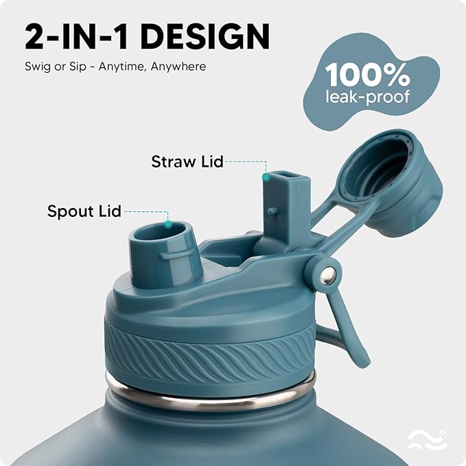 [2-IN-1 LID] Gallon Insulated Water Bottle with Silicone Boot (48hrs Cold/24hrs Hot) - DIY Stickers, Leakproof, BPA Free, 128 oz