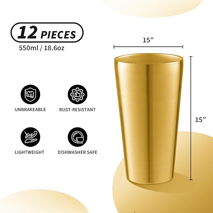 12 Pack 18.6 oz Stainless Steel Insulated Cup, Double Wall Vacuum Metal Cup, Reusable Camping Cups Unbreakable Indoor Outdoor for Party, Home, Office, BBQ, Gold