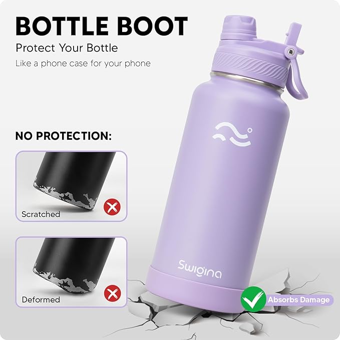 [2-IN-1 LID] Insulated Water Bottle with Silicone Boot (36hrs Cold/18hrs Hot) - DIY Stickers, Leakproof, BPA Free, 32 oz